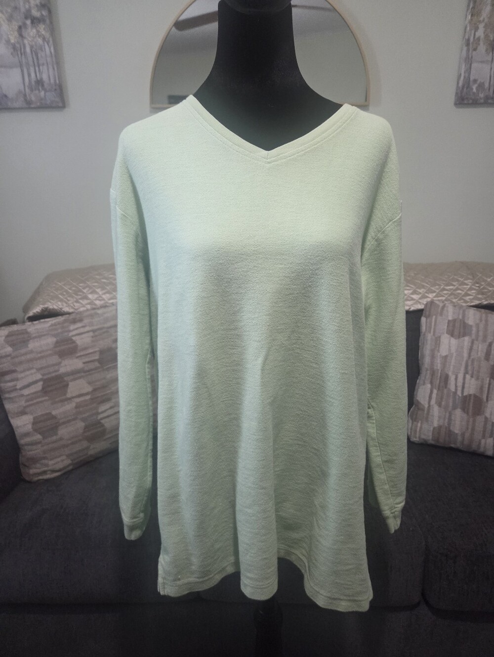 Denim&Co Light Mint V-Neck Long Sleeve Tee